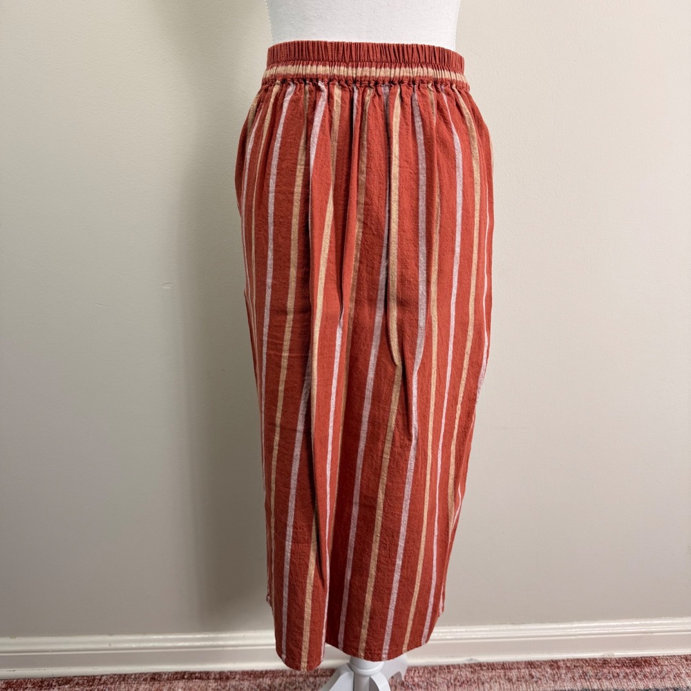 Madewell Rust Orange Striped Linen Blend Faux Wrap Midi Skirt with Pockets XS - Picture 3 of 11